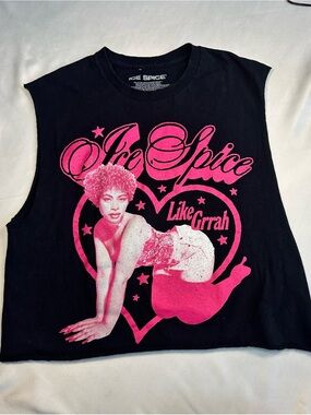 ICE SPICE Black/Pink Graphic Knit Crop Top T-Shirt Crew Neck Sleeveless L